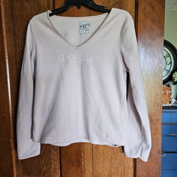 Torch Lake Light Pink Fuzzy V‑Neck Sweatshirt Women’s Medium Cozy Michigan Lake - Picture 1 of 8